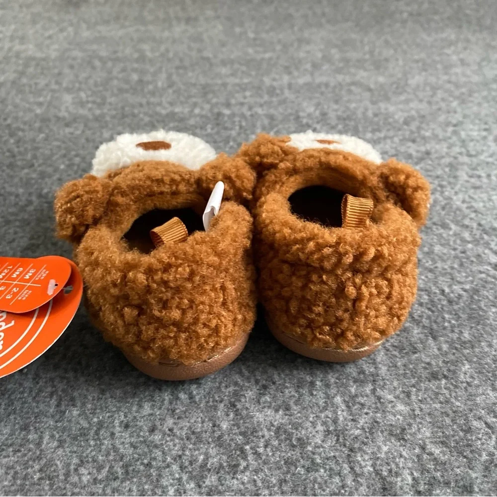 Wonder Nation Baby‎ Slippers Size 4 Brown Dog  Slip On Fuzzy Shoes New